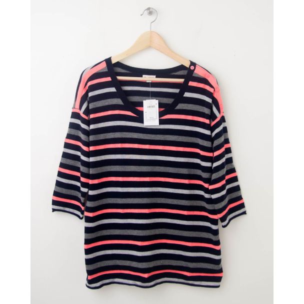 NEW Gap Neon Striped Button-Shoulder Sweater in Navy Uniform Women's L