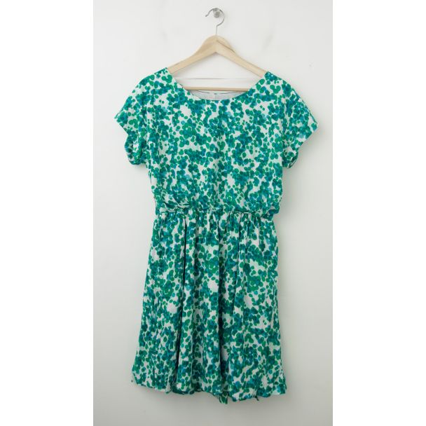 NEW Gap Printed Zoe Sleeve Fit & Flare Dress in Green Multi-Dots