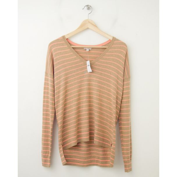NEW Gap Perfect V-Neck Silk Blend Sweater in Oatmeal Stripe