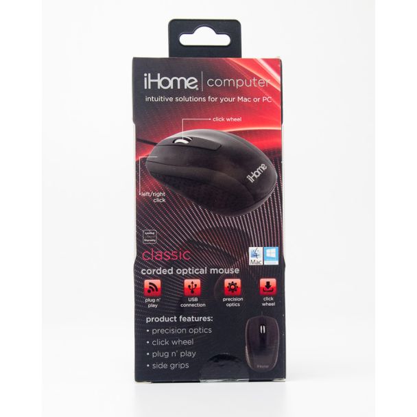 iHome Computer Classic Corded Optical Mouse Black IH-M600B