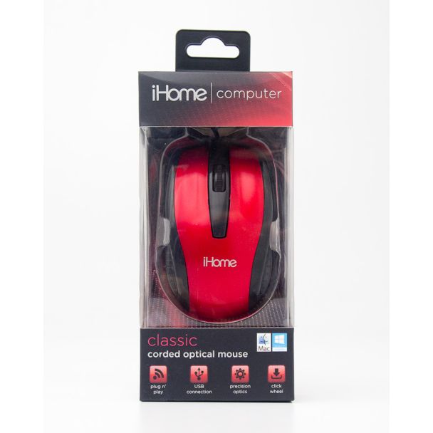 iHome Computer Classic Corded Optical Mouse Red IH-M600R