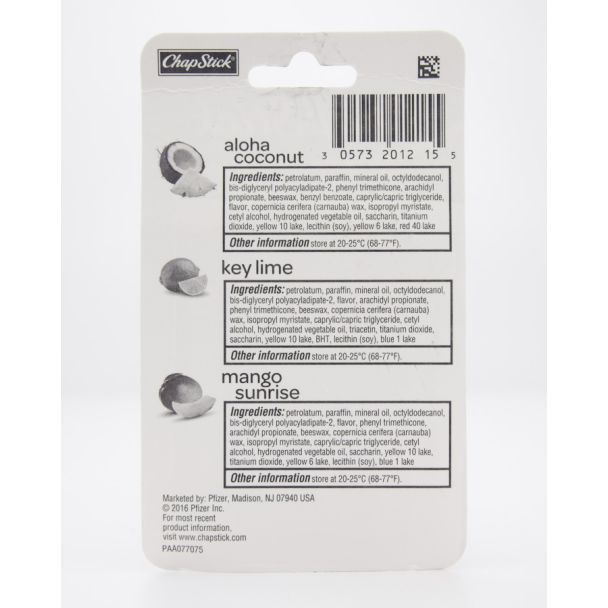 Chapstick Tropical Paradise Collection - Aloha Coconut, Key Lime, Mango Sunrise 3 Sticks - net wt 0.15 oz (4g) Each