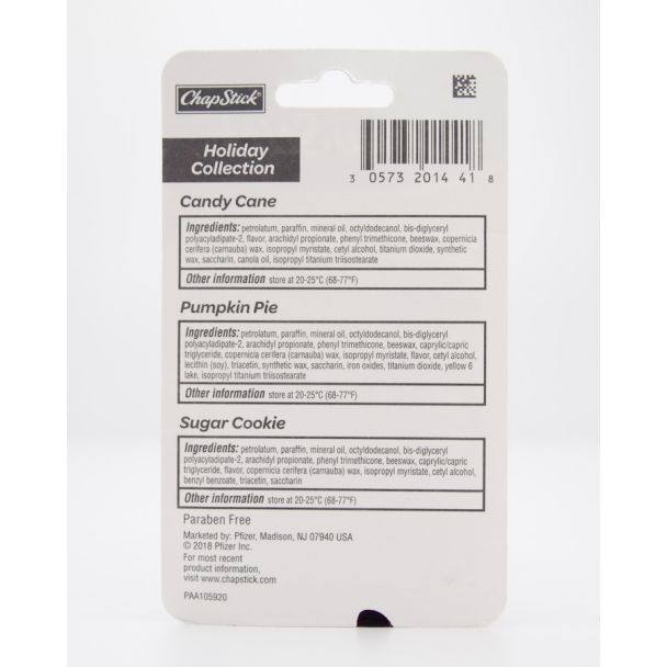 Chapstick Holiday Collection - Candy Cane, Pumpkin Pie, Sugar Cookies 3 Sticks - net wt 0.15 oz (4g) Each