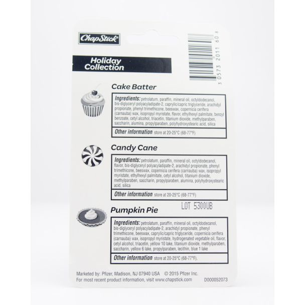Chapstick Holiday Collection - Cake Batter, Candy Cane, Pumpkin Pie 3 Sticks - net wt 0.15 oz (4g) Each