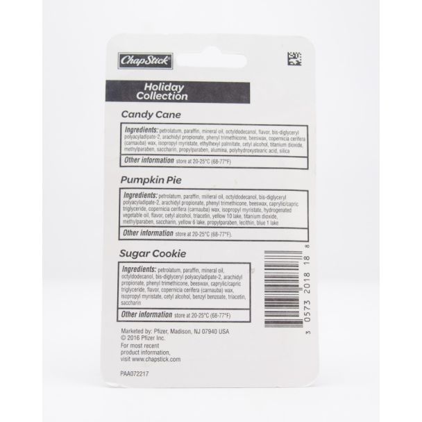 Chapstick Holiday Collection - Candy Cane, Pumpkin Pie, Sugar Cookie 3 Sticks - net wt 0.15 oz (4g) Each