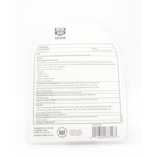 Rite Aid Cold Sore Treatment Benzocaine 5% Cream net wt 0.07 oz