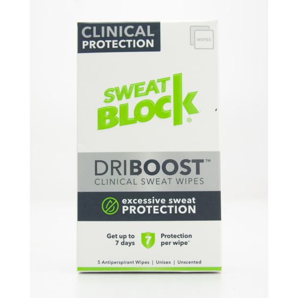SweatBlock DriBoost Clinical Sweat Wipes Unscented Antiperspirant 5 Wipes