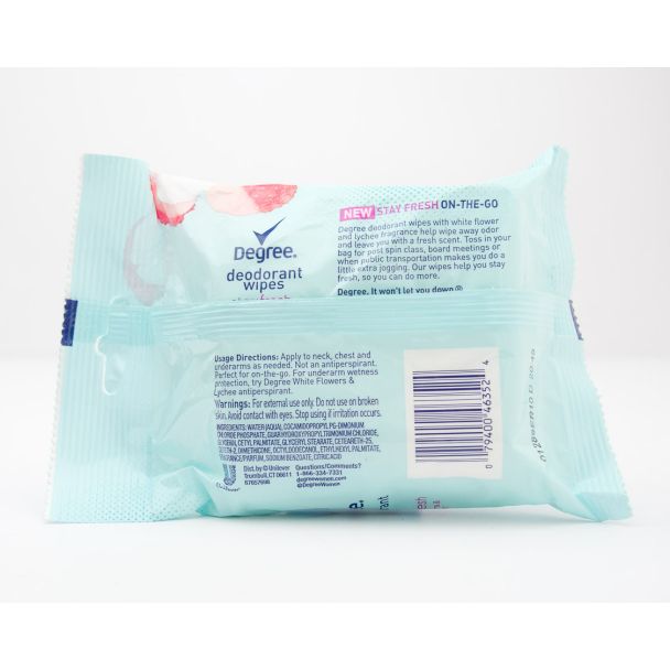 Degree Deodorant Wipes Stay Fresh White Flowers & Lychee Scent 25 Pre-Moistened Towelettes