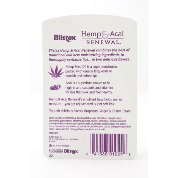 Blistex Hemp & Acai Renewal Lip Moisturizer Raspberry Ginger & Cherry Cream 2 Sticks (net wt 0.15 oz each)