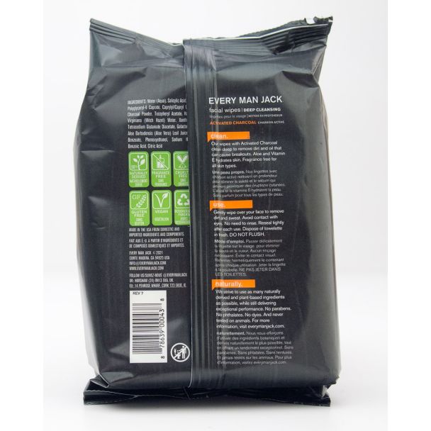 Every Man Jack Deep Cleansing Facial Wipes Activated Charcoal 30 - 7.87* x 7.0" Wipes