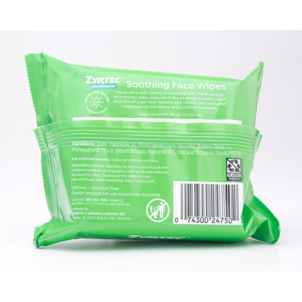 Zyrtec Non-Medicated Soothing Face Wipes 25 - 7.4" x 7'2" Pre-Moistened Towelettes