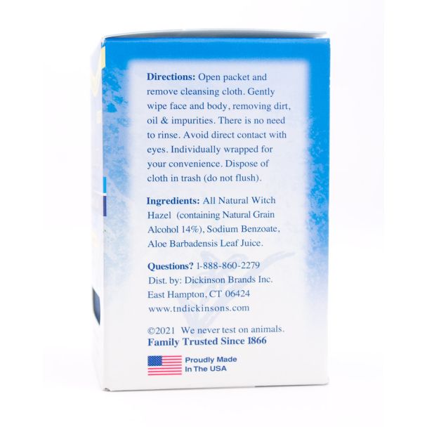 T.N. Dickinson's Witch Hazel Soothing Multi-Use Cleansing Cloth Singles 14 Individually Wrapped 5in x 7in Wet Cloths