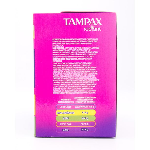 Tampax Radiant Duopack Regular/Super Absorbency Unscented Plastic Tampons 38 Tampons (20 Regular/18 Super)