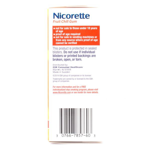 Nicorette Nicotine Gum Stop Smoking Aid 4mg Fruit Chill 100 Pieces