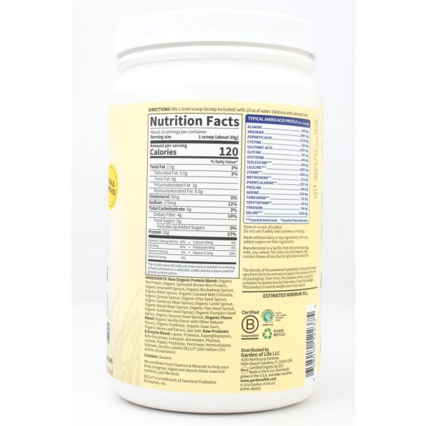 Garden of Life Organic Protein Shake Vanilla Flavor net wt 19.05 oz (about 18 Servings)