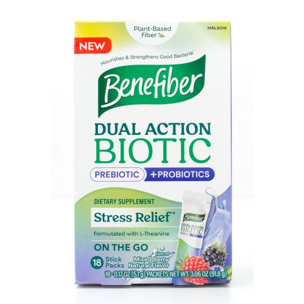 Benefiber Dual Action Biotic Prebiotic + Probiotics Stress Relief On The Go Mixed Berry 18 - 0.7 oz Packets