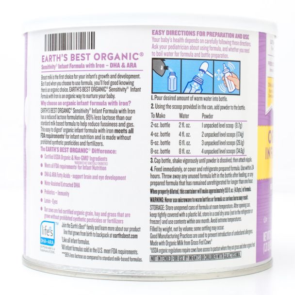 Earth's Best Organic Sensitivity Infant Formula with Iron 0-12 Months net wt 21 oz