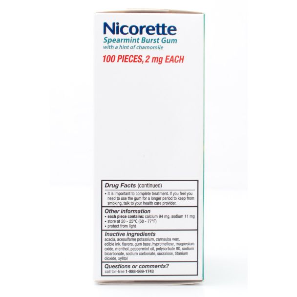 Nicorette Nicotine 2mg Stop Smoking Aid Gum Coated Spearmint Burst 100 Pieces