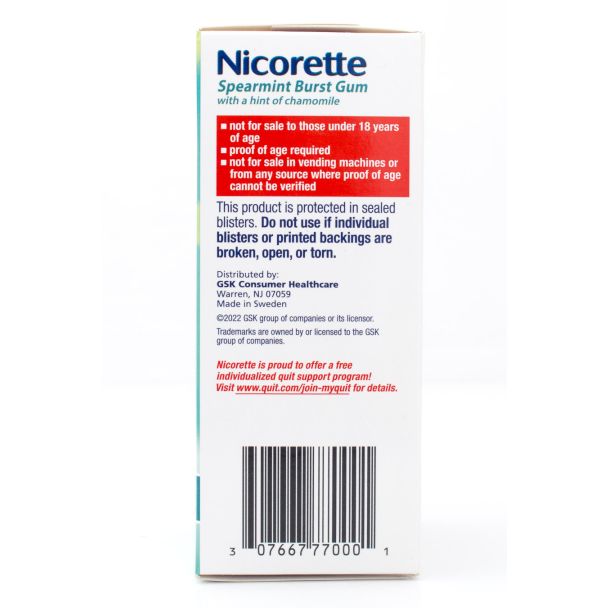 Nicorette Nicotine 2mg Stop Smoking Aid Gum Coated Spearmint Burst 100 Pieces