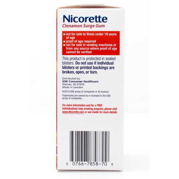 Nicorette Nicotine 4mg Stop Smoking Aid Gum Coated Cinnamon Surge 100 Lozenges