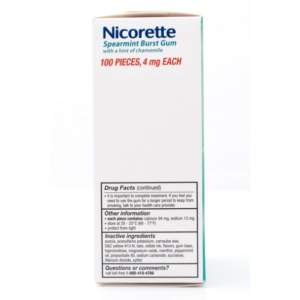 Nicorette Nicotine 4mg Stop Smoking Aid Gum Coated Spearmint Burst 100 Pieces