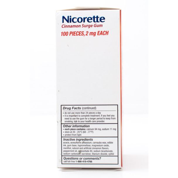 Nicorette Nicotine 2mg Stop Smoking Aid Gum Coated Cinnamon Surge 100 Pieces