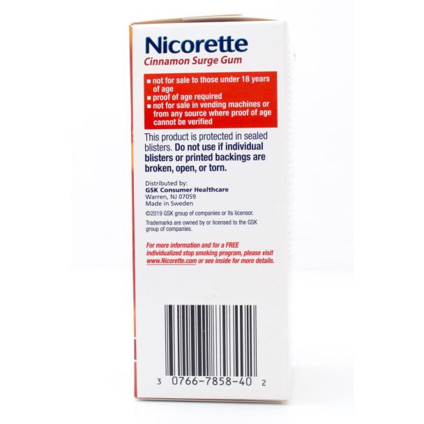 Nicorette Nicotine 2mg Stop Smoking Aid Gum Coated Cinnamon Surge 100 Pieces