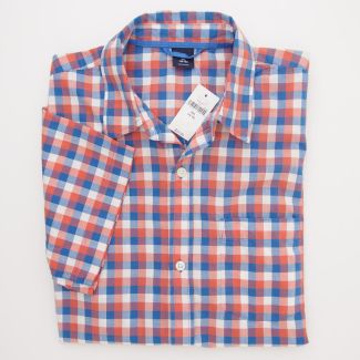 NEW GapKids Boys Short Sleeve Gingham Shirt in Orange & Blue Plaid