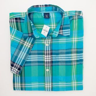 NEW GapKids Boys Short Sleeve Aqua Plaid Shirt in Blue/Green Plaid