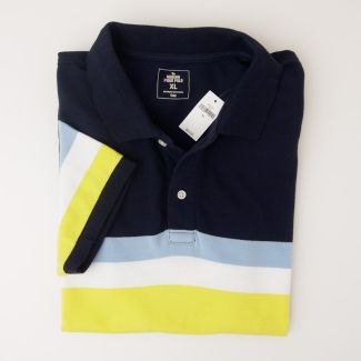 NEW Gap Modern Pique Chest Stripe Polo Shirt in Navy Yellow Stripe