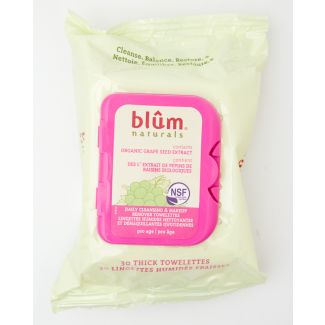 Blum Naturals Organic Grape Seed Extract Daily Cleansing & Makeup Remover 30 Thick Towelettes