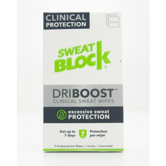 SweatBlock DriBoost Clinical Sweat Wipes Unscented Antiperspirant 5 Wipes