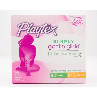 Playtex Simply Gentle Glide Fragrance-Free Super & Super Plus 36 Tampons with Plastic Applicator (24 Super & 12 Super Plus)