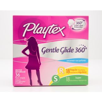 Playtex Gentle Glide 360 Unscented Regular & Super 36 Plastic Tamons (18 Regular & 18 Super)