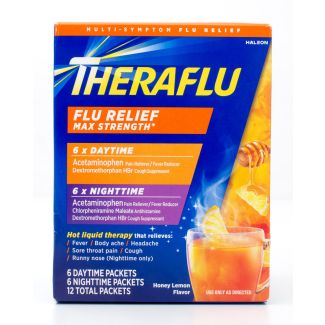 Theraflu Flu Relief Max Strength Daytime & Nighttime Honey Lemon Flavor 6 Daytime & 6 Nighttime Packets (12 Total Packets)