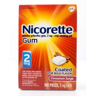 Nicorette Nicotine 2mg Stop Smoking Aid Gum Coated Cinnamon Surge 100 Pieces