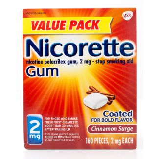Nicorette Nicotine 2mg Stop Smoking Aid Gum Coated Cinnamon Surge Value Pack 160 Pieces